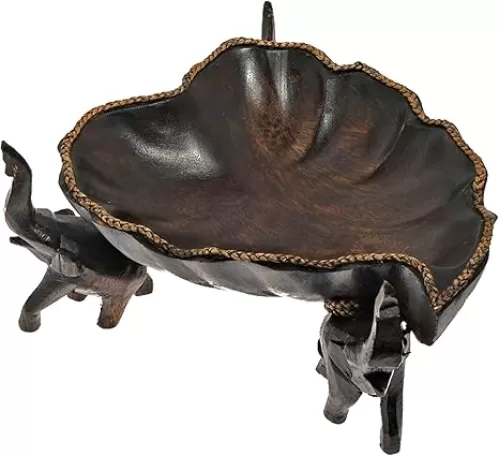 AeraVida Triumphant Elephant Heart Shaped Lotus Leaf Wooden Bowl | Handcarved Rain Tree Wood Valet Tray | Natural Decor for Kitchen, Living Room, or Entryway