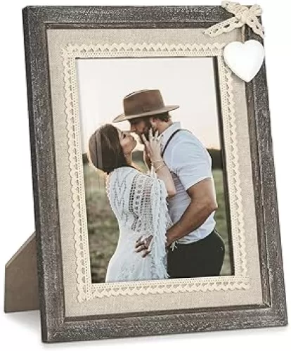 Afuly 5x7 Picture Frame with White Heart Wood Rustic Distressed Frames Farmhouse Photo Frames for Home Decor Wall Hang Desktop Wedding Anniversary Birthday Gifts for Grandma Mom Couple