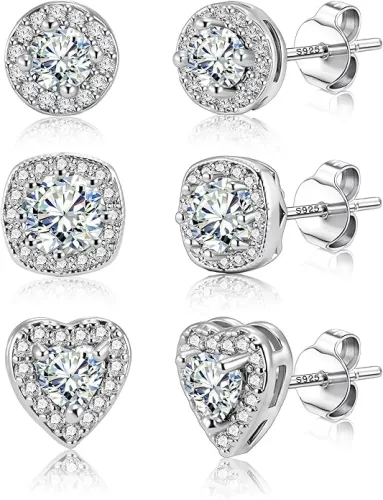 ALEXCRAFT Sterling Silver Stud Earrings for Women Girls Cubic Zirconia Halo Round Heart Square Diamond Large Silver Stud Set