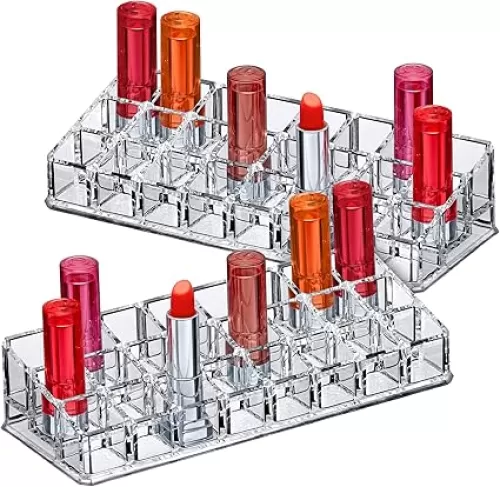 Amazing Abby - Glamour - 2-Pack 24-Slot Acrylic Lipstick Organizer, Lipstick Holder, Lip Gloss Holder, Cosmetic Storage Display, Perfect Storage Solution for Drawer and Vanity (Slot Size: 0.9" x 0.9")