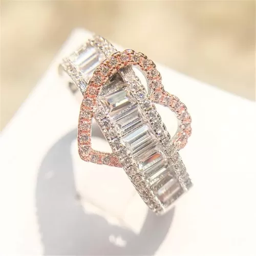 AZQ 925 Sterling Silver Shiny Full Diamond Ring 18K Rose Gold Heart-Shaped Cubic Zirconia Rings CZ Heart Diamond Ring Eternity Engagement Wedding Band Ring for Women TZ.5