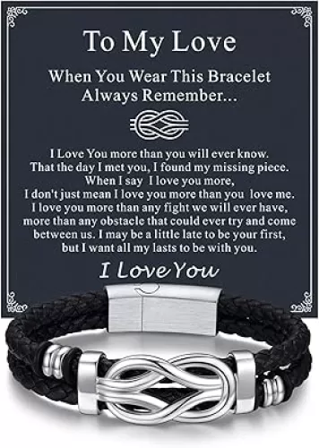 Bandmax Infinity Love Knot Bracelet for Men Black Leather Love Link Cuff Bracelet Mens Gifts for Father