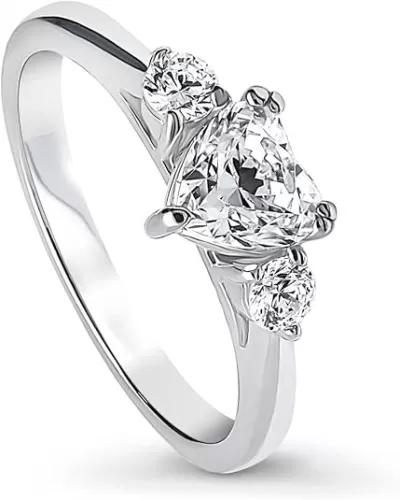 BERRICLE Sterling Silver 3-Stone Wedding Engagement Rings 0.7 Carat Heart Shaped Cubic Zirconia CZ Heart Promise Ring for Women, Rhodium Plated