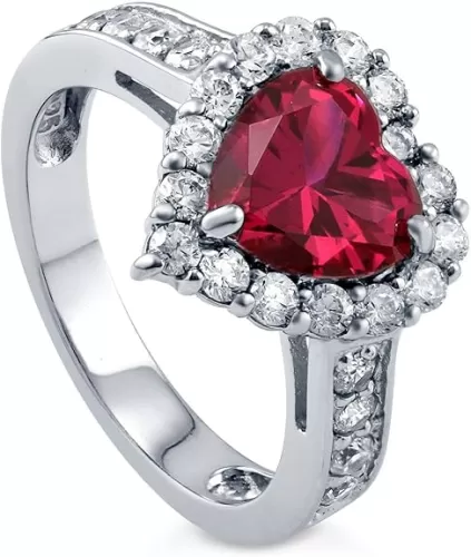 BERRICLE Sterling Silver Halo Wedding Engagement Rings Simulated Ruby Heart Shaped Cubic Zirconia CZ Statement Heart Ring Set for Women, Rhodium Plated
