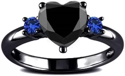 Black Rhodium Plated Simulated Agate Heart-shaped & Blue Cubic Zirconia Promise Ring for Women (US size 9)