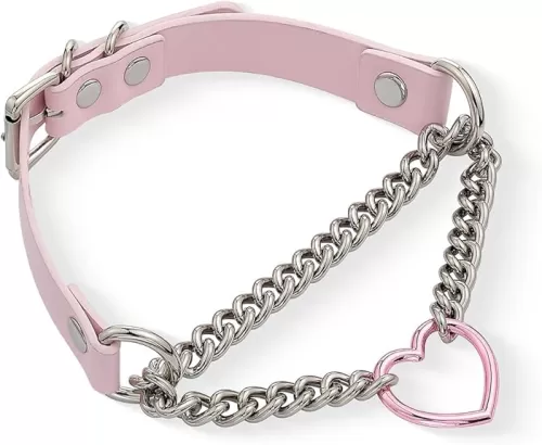 Black/Pink Leather Choker Necklace For Women, Handmade Adjustable Chain Collar with Metallic Heart Ring