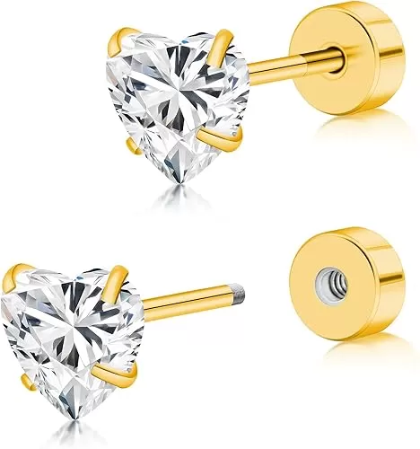 BLISI Heart-Cut Cubic Zirconia Screw-Back Stud Earrings - Hypoallergenic Titanium Cartilage Jewelry for Women & Men (3/4/5mm, Silver/Rose Gold/Gold/Black)