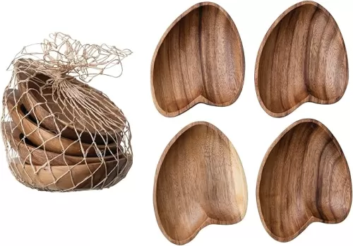 Bloomingville Heart Shaped Acacia Wood, Set of 4, Natural Tray