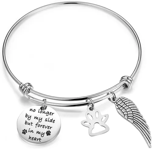 bobauna Pet Memorial Gift No Longer by My Side But Forever in My Heart Bracelet with Paw Print Angel Wing Charms in Memory of Pet