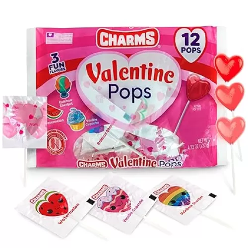 Charms Heart Lollipops, Individually Wrapped Candy Pops Imprinted "To & From" Classroom Exchange Wrapper- Multi Flavors Heart Shaped Candy Lollies, Includes 3 Flavors, Rainbow Sherbet - Watermelon - Vanilla Cupcake, Great Father