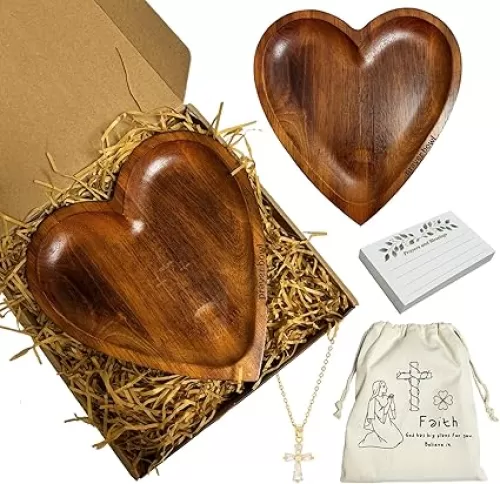 Christian Gifts for Women - Wooden Heart Prayer Bowls Dough Bowl Plates Decor for Table Centerpieces Home Party Wedding Décor with 24 Cards, Canvas Bag, Cross Necklace Mothers Day Gifts