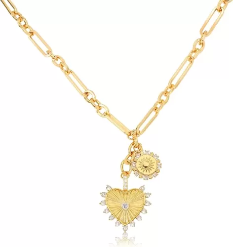 Chunky Gold Heart Necklaces for Women 18K Gold Plated Charm Necklace Sun Pendant Chain Jewelry.