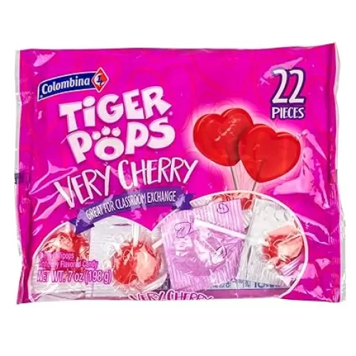 Colombina (1) 22pc Bag Tiger Pops Very Cherry Lollipops Heart Shaped Candy Great For Classroom Exchange! To:/From: On Wrappers Valentine's Day 7 oz