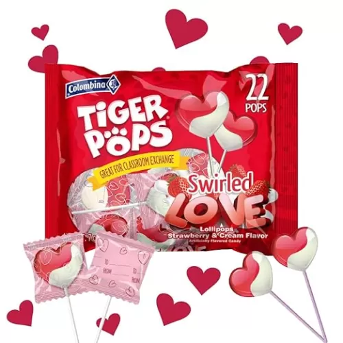 Colombina Swirled Love Tiger Pops, Strawberry and Cream Flavored, Individually Wrapped Lollipops, Perfect for Valentine's Day Gifts, 22 Count (Pack of 1)