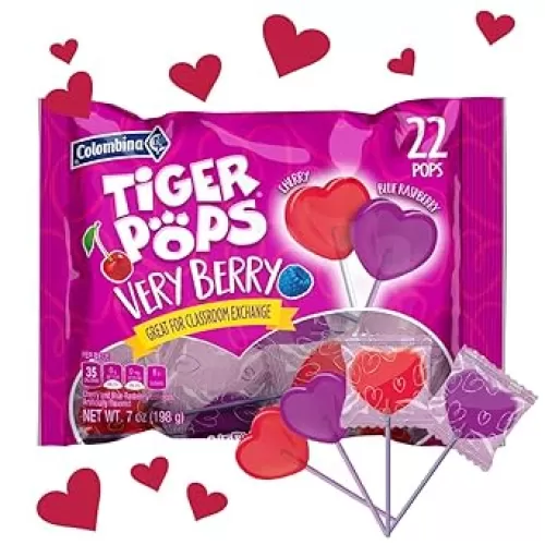Colombina Very Berry Tiger Pops, Cherry And Blue Raspberry Flavored, Individually Wrapped Lollipops, Perfect for Class Exchange and Valentine's Day Gifts, 22 Count (Pack of 1)