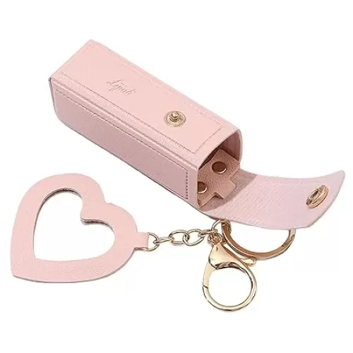 Compact Lipstick Holder Lipstick Bag Keychain with Heart Pendant Mini Lipstick Container Lip Holder Keychain Pink