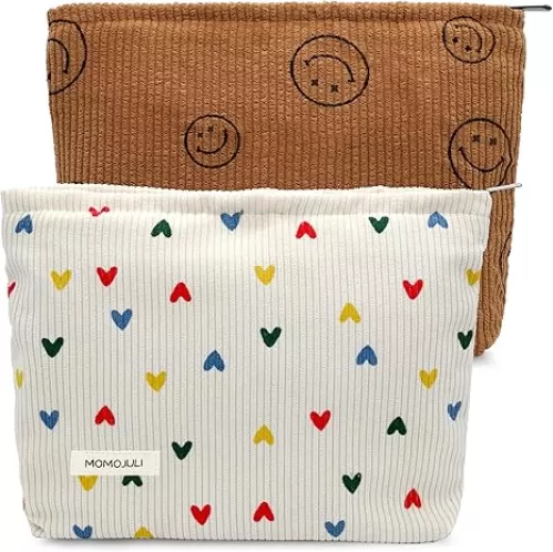 Corduroy Makeup Bag Cosmestic Bag Large Capacity Ladies Women Aesthetic Make Up Organizer Accessories Zipper Pouch Purse Beige Heart+Brown