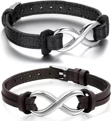 Cupimatch Love Infinity Couples Leather Bracelet for Men Women Stainless Steel Matching Couples Bracelets Adjustable