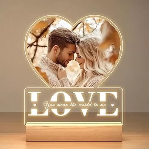 Customized Acrylic Plaque Photo Frame with Night Light, Custom Heart Picture Frames with Photo Personalized Anniversary Couple Gifts for Boyfriend Girlfriend (Printed in USA, Ships Next Day)
