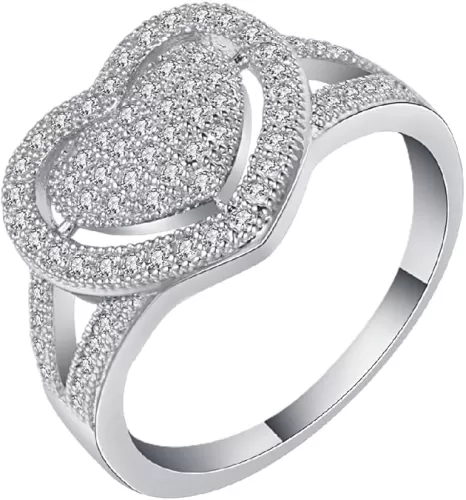 Dainty Women's White Gold Plated Pavé-Set Cluster White Cubic Zirconia Love Heart-shaped Wedding Promise Rings