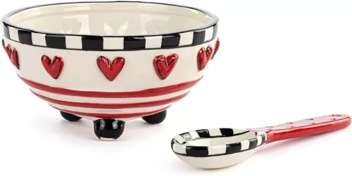 DEMDACO Heartful Home Holiday Red Heart Bowl 5 x 2.5 Inch, Spoon 5.5 Inch Stoneware Kitchen Counter or Christmas Tabletop Décor, Candy Bowl Dish With Serving Spoon, 2 Piece Set