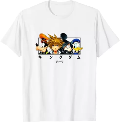 Disney Kingdom Hearts Main Characters Panel Chest Kanji Logo T-Shirt