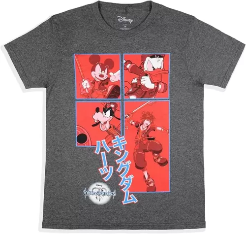 Disney Mens' Kingdom Hearts Characters In Action Grid Kanji T-Shirt