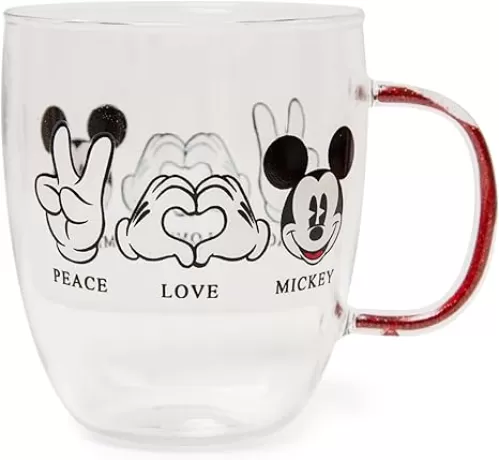 Disney "Peace Love" Mickey Mouse 14-Ounce Glass Coffee Mug | Large Coffee Cup For Espresso, Caffeine