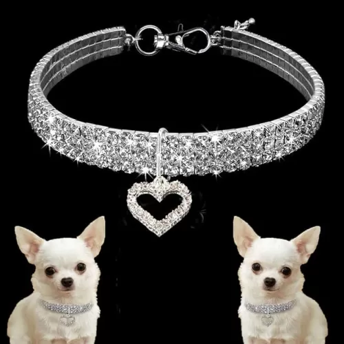Dogs Kingdom Pet Cute Full Rhinestone Collar Dog Bling Bling Heart Diamond Necklace Dog Cat Fancy Princess Wedding Style Collar for Small Pet Cat Kitten Puppy, White, L:12-14" Neck