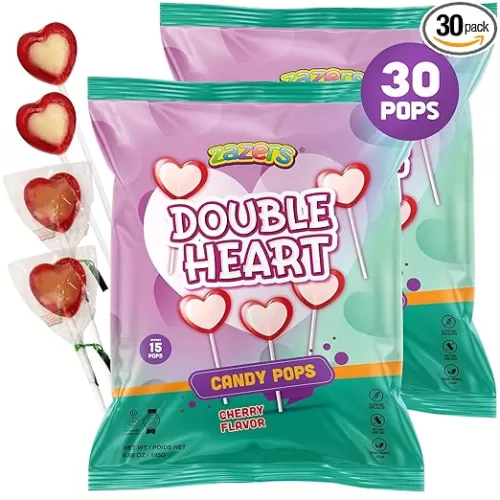 Double Heart Shaped Lollipops – 30 Individually Wrapped Cherry Flavor Lollipops, Gluten-Free, Nut-Free, Vegan Friendly & Kosher | 2 Bags Of 15 Pops