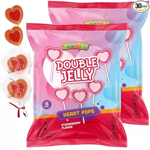 Double Jelly Heart Shaped Lollipops – 30 Individually Wrapped Strawberry Flavor Lollipops, Gluten-Free, Nut-Free, Vegan Friendly & Kosher | 2 Bags Of 15 Pops