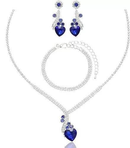 Elegant Wedding Bridal Heart-Shape Crystal Necklace Dangle Earring Bracelet Bridesmaid Prom Costume Accessories Jewelry Set for Women