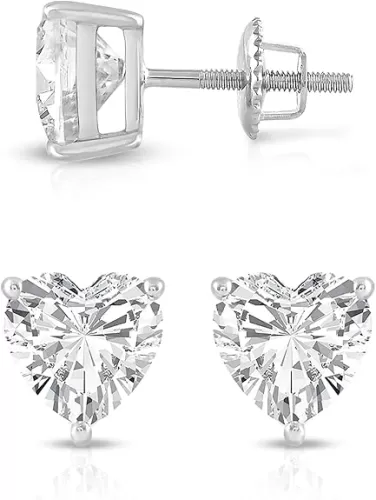 Everyday Elegance Solid 14K White Yellow Rose Gold Cubic Zirconia Solitaire Stud Earrings Women in Heart Cushion Oval Pear Princess Emerald Round Cut | Screw Back Posts 0.50 to 4.0 CTW |With Gift Box