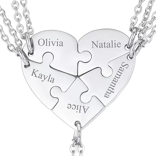FaithHeart BFF Puzzle Stitching Necklace 2/3/4/5/6/7/8 Pcs Stainless Steel Personalized Name Heart Pendants Family Love Jewelry Free Engrave Friendship Forever Necklaces Set with Delicate Packaging