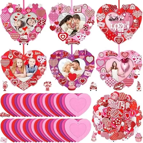 Ferraycle 232 Pieces Valentines DIY Picture Frames Craft Kit 32 Pieces Valentine Photo Frames with 200 Pieces Heart Shaped Foam Stickers for Valentine‘s Day, Craft Art, Home Decor(Heart Shape)