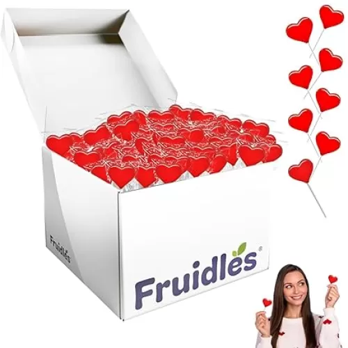 Fruidles Valentines Day Lollipops Mini Red Heart Shaped Strawberry Flavored Lollipop, Individually Wrapped, 5g Lollipops (40 Lollipops)