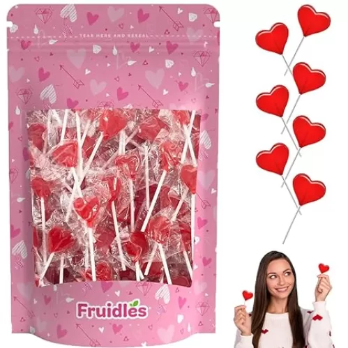 Fruidles Valentine's Heart Lollipops Candy, Red Heart Shaped Hard Candy Lollipop Suckers, Individually Wrapped, 12g Lollipop (Half-Pound)