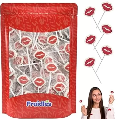 Fruidles Valentine's Red Lips Tattoo Lollipop Sucker, White Lip Shaped Lollipop with Red Lips, Individually Wrapped Candy (Half-Pound)