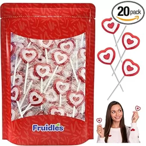 Fruidles Valentine's Tattoo Heart Lollipops Candy, Red Heart Shaped Hard Candy Lollipop Suckers, Individually Wrapped, 10g (20 Count (Half-Pound))