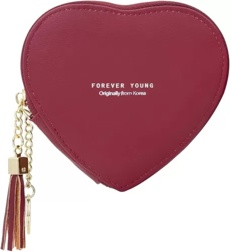 FuninCrea Coin Purse, PU Leather Keychain Wallet Cute Small Pouch Change Purse wth Zipper, Heart-Shaped Women
