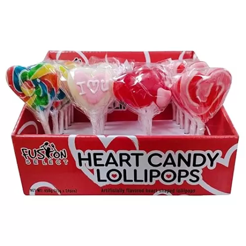 Fusion Select 24 Heart Shaped Lollipops Candy - Sweet Heart Lollipops for Party Bag Fillers, Pinata Stuffers - Ideal for Valentine's Day, Mother's Day, Halloween - Bulk Party Pack, Assorted Lollipops