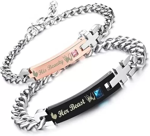 Gift for Lover His and Hers Personalized Engraved Couples Bracelets for Women Men Matching Set Anniversary Promise Valentine