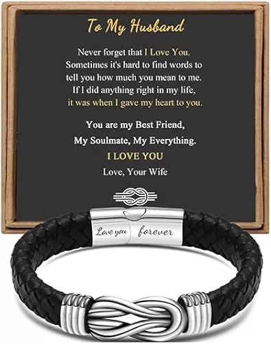 Gift for Men Black Braided Leather Infinity Bracelet for Men Dad Husband Boyfriend Son Grandson Brother Nephew Uncle Forever Linked Together Stainless Steel Engraved with Love You Forever Jewelry 7.5|8.5|9 Inches