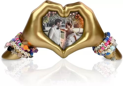 Gold Heart Hands Sculpture with Picture Frame, Unique Wedding Gift Idea for Couples, Romantic Anniversary Statues for Women, Wife, Her