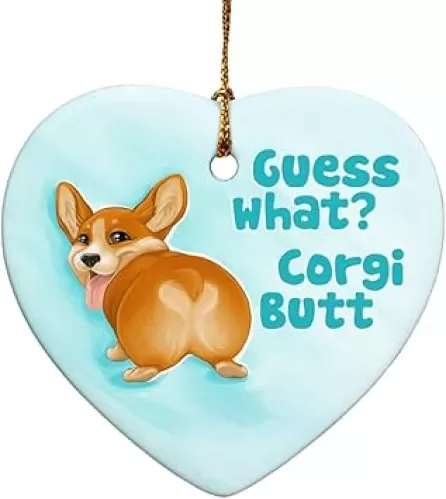 GRAPHICS & MORE Guess What? Corgi Butt Funny Joke Heart-Shaped Porcelain Holiday Christmas Tree Ornament - 2.8"