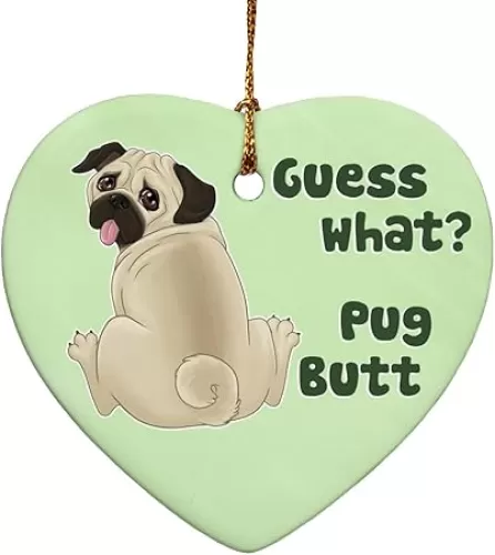 GRAPHICS & MORE Guess What? Pug Butt Heart-Shaped Porcelain Holiday Christmas Tree Ornament - 2.8"