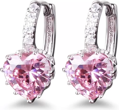 GULICX Heart shape Created Pink sapphire Cubic Zirconia Silver Tone hoops shiny earrings