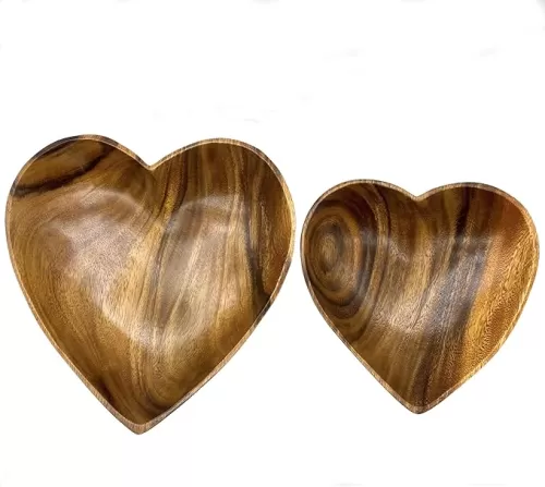 Handcrafted Acacia Wood Heart Bowl Set of 2 – Decorative Serving Bowls for Salad, Snacks, Jewelry, Candle Display – 10" & 8" Sizes
