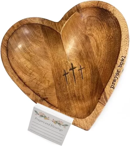 Handcrafted Wooden Heart Prayer Bowl with Cards- Elegant Heart Shaped Bowl with Cross for Meditation and Blessings, Christmas Gifts Easter Gifts Thanksgiving Day Gifts