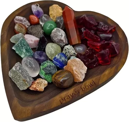 Heart Prayer Bowl Wooden Crystal Bowl Prayer Bowl with Cards Crystal Display Shelf for Religious Home Decor and Devotional Gifts (Brown)